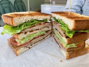 Double decker vegan turkey club sandwich.