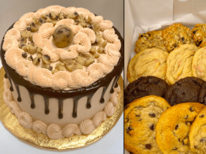Side by side image of a cookie dough cake and a variety of cookie flavors