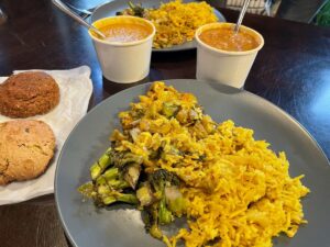 Taste of Supreme Cafe Takeout, rice, veggies & soup