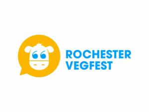 Rochester VegFest logo, blue test with a yellow cow icon