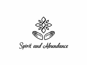 Spirit and Abundance script logo with two open hands above it with a a leaf motif